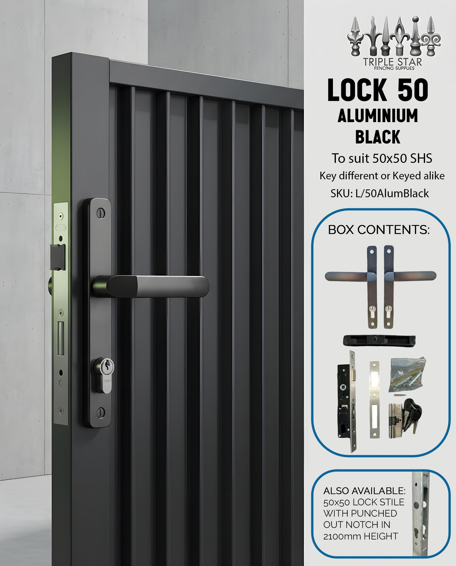 Lock to suit 50x50 (Black Aluminium)