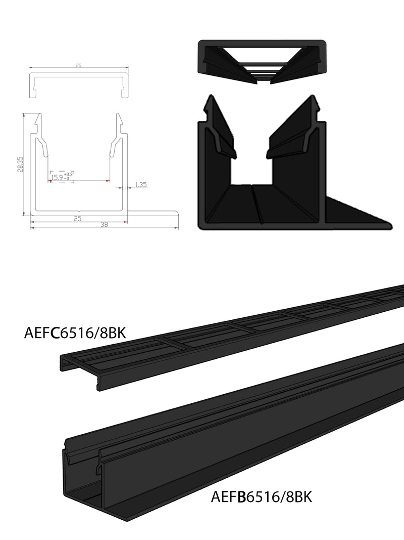 Aluminium F-Channel & Cover to suit 65x16 Satin Black